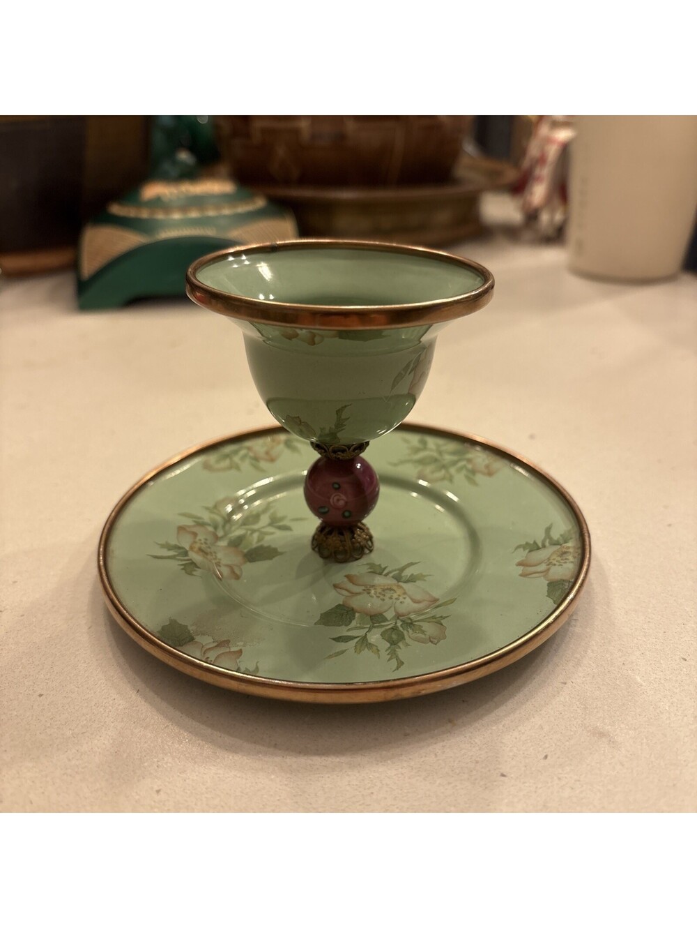 Vintage 1995 MacKenzie Childs Camp Enamelware Flower Egg Cup Saucer RARE Mint